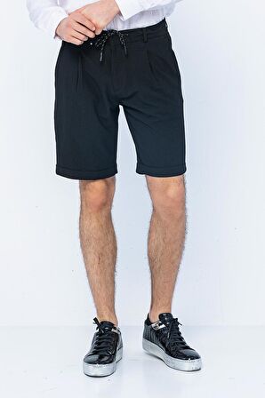 Erkek Relaxed Fit Pileli Bağcıklı Fermuarlı Kıvrımlı Paça Bürümcük Kumaş Rahat Şort