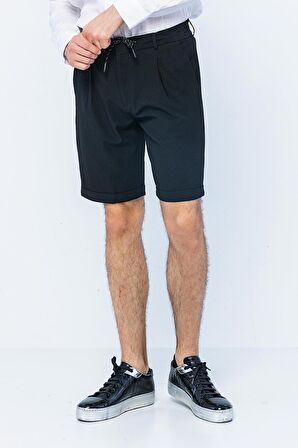 Erkek Relaxed Fit Pileli Bağcıklı Fermuarlı Kıvrımlı Paça Bürümcük Kumaş Rahat Şort