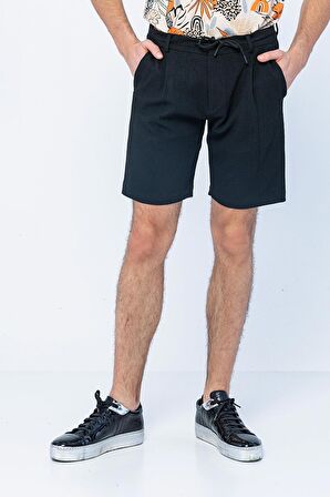 Erkek Relaxed Fit Pileli Bağcıklı Fermuarlı Bürümcük Kumaş Rahat Şort