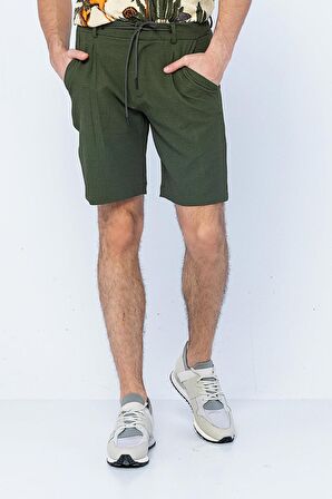 Erkek Relaxed Fit Pileli Bağcıklı Fermuarlı Bürümcük Kumaş Rahat Şort