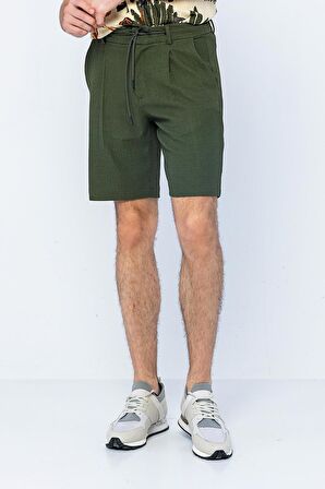 Erkek Relaxed Fit Pileli Bağcıklı Fermuarlı Bürümcük Kumaş Rahat Şort