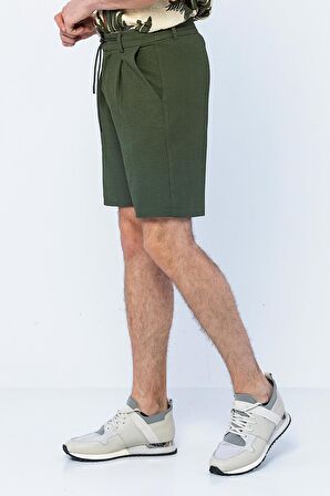Erkek Relaxed Fit Pileli Bağcıklı Fermuarlı Bürümcük Kumaş Rahat Şort