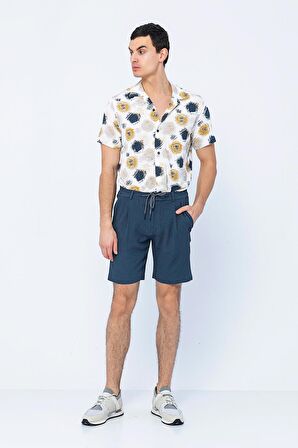 Erkek Relaxed Fit Pileli Bağcıklı Fermuarlı Bürümcük Kumaş Rahat Şort