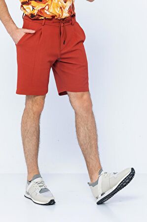 Erkek Relaxed Fit Pileli Bağcıklı Fermuarlı Bürümcük Kumaş Rahat Şort