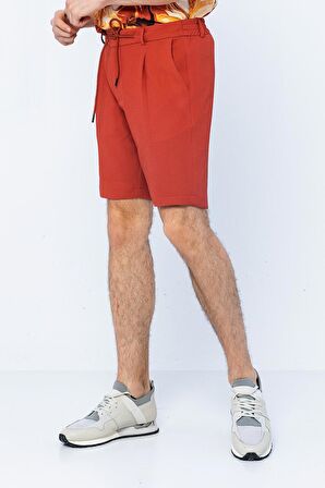 Erkek Relaxed Fit Pileli Bağcıklı Fermuarlı Bürümcük Kumaş Rahat Şort