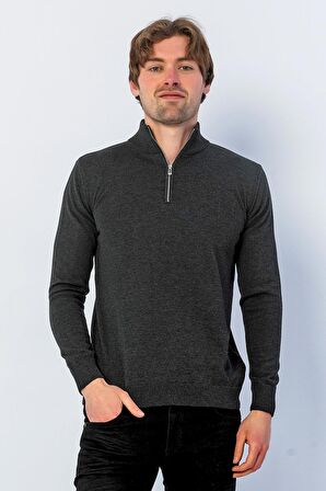 Erkek Regular Fit Düz Renk Hakim Yaka Fermuarlı Uzun Kollu Triko Kazak