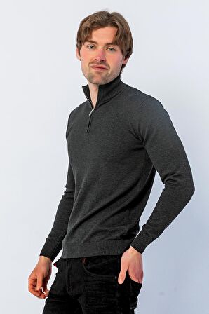 Erkek Regular Fit Düz Renk Hakim Yaka Fermuarlı Uzun Kollu Triko Kazak