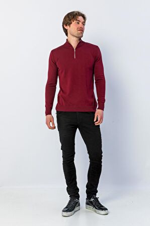 Erkek Regular Fit Düz Renk Hakim Yaka Fermuarlı Uzun Kollu Triko Kazak