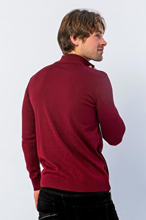 Erkek Regular Fit Düz Renk Hakim Yaka Fermuarlı Uzun Kollu Triko Kazak