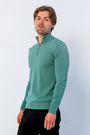 Erkek Regular Fit Düz Renk Hakim Yaka Fermuarlı Uzun Kollu Triko Kazak