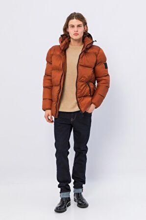 Erkek Kapüşonlu Fermuarlı Cepli Kışlık Şişme Kısa Mont