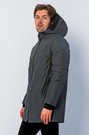 Erkek Regular Fit Kapüşonlu Fermuarlı Çok Cepli Kışlık Klasik Mont