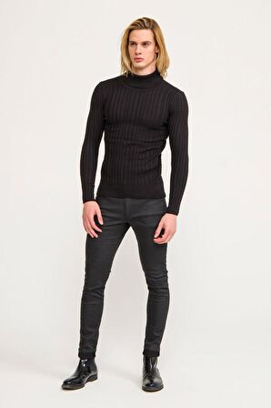 Erkek Slim Fit Fitilli Likralı Düz Renkli Triko Boğazlı Kazak