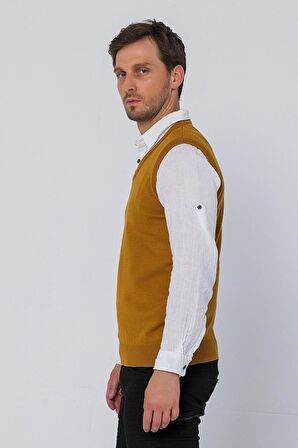 Erkek V Yaka Süveter Rahat Regular Fit Kolsuz Kazak