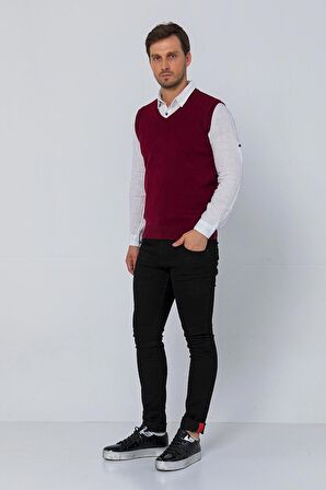 Erkek V Yaka Süveter Rahat Regular Fit Kolsuz Kazak