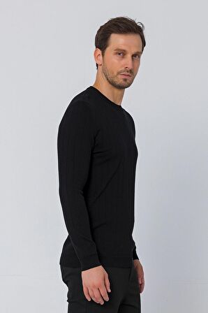 Erkek Regular Fit Düz Renk Bisiklet Yaka Uzun Kollu Çizgili Triko Kazak