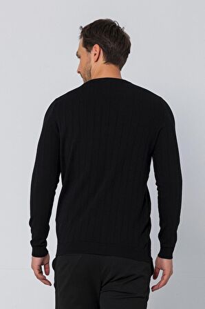 Erkek Regular Fit Düz Renk Bisiklet Yaka Uzun Kollu Çizgili Triko Kazak