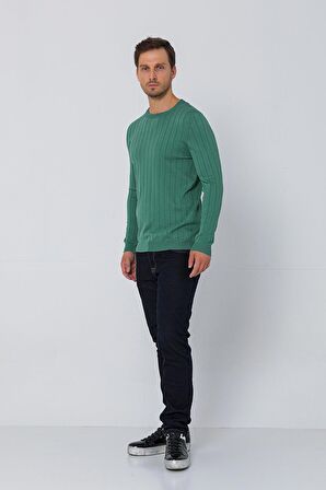 Erkek Regular Fit Düz Renk Bisiklet Yaka Uzun Kollu Çizgili Triko Kazak