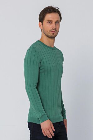 Erkek Regular Fit Düz Renk Bisiklet Yaka Uzun Kollu Çizgili Triko Kazak