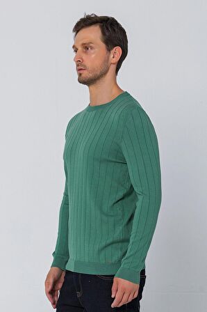 Erkek Regular Fit Düz Renk Bisiklet Yaka Uzun Kollu Çizgili Triko Kazak