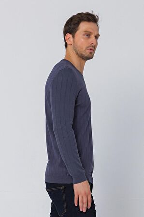 Erkek Regular Fit Düz Renk Bisiklet Yaka Uzun Kollu Çizgili Triko Kazak