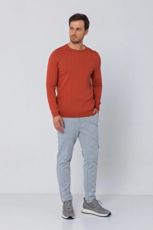 Erkek Regular Fit Düz Renk Bisiklet Yaka Uzun Kollu Çizgili Triko Kazak