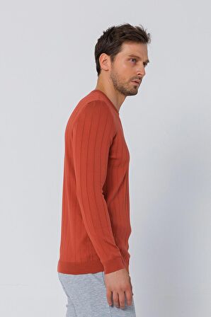 Erkek Regular Fit Düz Renk Bisiklet Yaka Uzun Kollu Çizgili Triko Kazak