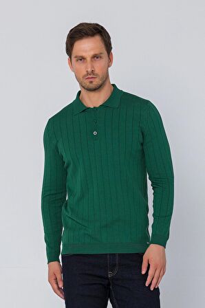 Erkek Regular Fit Düz Renk Polo Yaka Düğmeli Uzun Kollu Çizgili Triko Kazak