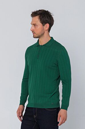 Erkek Regular Fit Düz Renk Polo Yaka Düğmeli Uzun Kollu Çizgili Triko Kazak