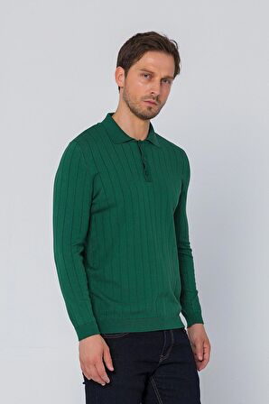 Erkek Regular Fit Düz Renk Polo Yaka Düğmeli Uzun Kollu Çizgili Triko Kazak