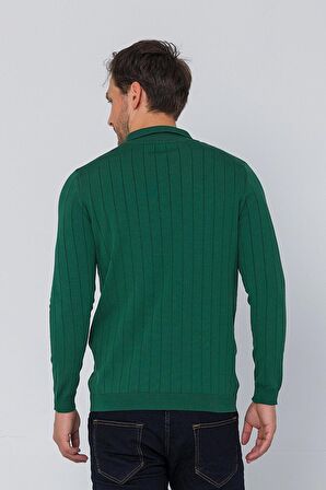 Erkek Regular Fit Düz Renk Polo Yaka Düğmeli Uzun Kollu Çizgili Triko Kazak