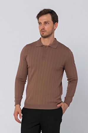 Erkek Regular Fit Düz Renk Polo Yaka Düğmeli Uzun Kollu Çizgili Triko Kazak