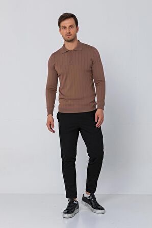 Erkek Regular Fit Düz Renk Polo Yaka Düğmeli Uzun Kollu Çizgili Triko Kazak