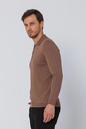 Erkek Regular Fit Düz Renk Polo Yaka Düğmeli Uzun Kollu Çizgili Triko Kazak