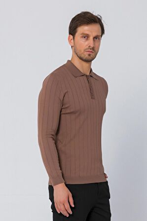 Erkek Regular Fit Düz Renk Polo Yaka Düğmeli Uzun Kollu Çizgili Triko Kazak