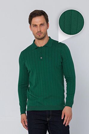 Erkek Regular Fit Düz Renk Polo Yaka Düğmeli Uzun Kollu Çizgili Triko Kazak