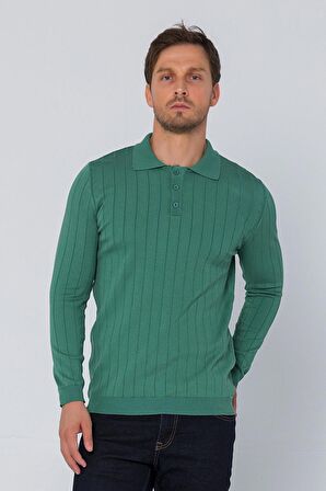 Erkek Regular Fit Düz Renk Polo Yaka Düğmeli Uzun Kollu Çizgili Triko Kazak