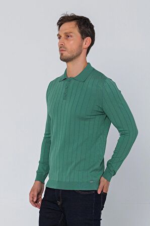 Erkek Regular Fit Düz Renk Polo Yaka Düğmeli Uzun Kollu Çizgili Triko Kazak