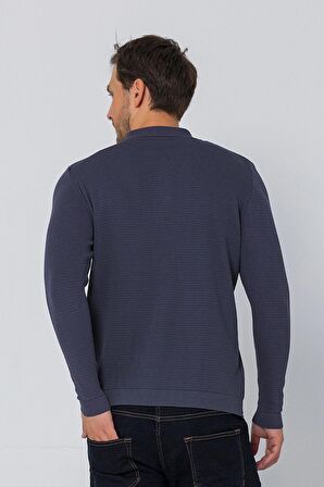 Erkek Regular Fit Düz Renk Polo Yaka Fermuarlı Uzun Kollu Triko Kazak