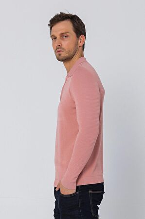 Erkek Regular Fit Düz Renk Polo Yaka Fermuarlı Uzun Kollu Triko Kazak