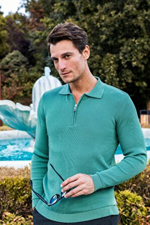 Erkek Regular Fit Düz Renk Polo Yaka Fermuarlı Uzun Kollu Triko Kazak