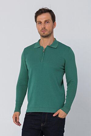 Erkek Regular Fit Düz Renk Polo Yaka Fermuarlı Uzun Kollu Triko Kazak