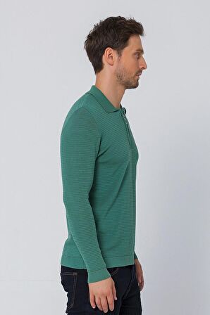 Erkek Regular Fit Düz Renk Polo Yaka Fermuarlı Uzun Kollu Triko Kazak