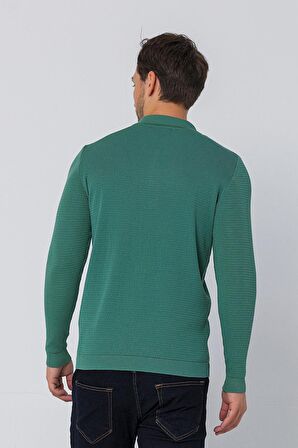 Erkek Regular Fit Düz Renk Polo Yaka Fermuarlı Uzun Kollu Triko Kazak