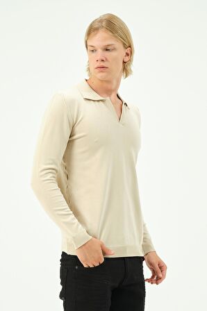 Erkek Regular Fit Düz Renk Polo Kaleci Yaka Uzun Kollu Triko Kazak