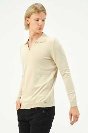 Erkek Regular Fit Düz Renk Polo Kaleci Yaka Uzun Kollu Triko Kazak