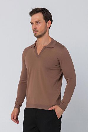 Erkek Regular Fit Düz Renk Polo Kaleci Yaka Uzun Kollu Triko Kazak