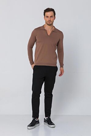 Erkek Regular Fit Düz Renk Polo Kaleci Yaka Uzun Kollu Triko Kazak