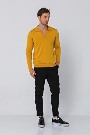 Erkek Regular Fit Düz Renk Polo Kaleci Yaka Uzun Kollu Triko Kazak