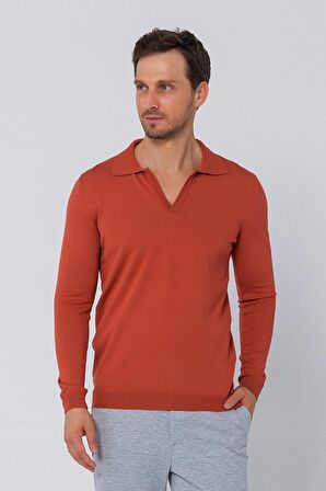 Erkek Regular Fit Düz Renk Polo Kaleci Yaka Uzun Kollu Triko Kazak